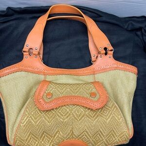 Cole Haan Straw Shoulder Bag with Orange Trim and Handles
